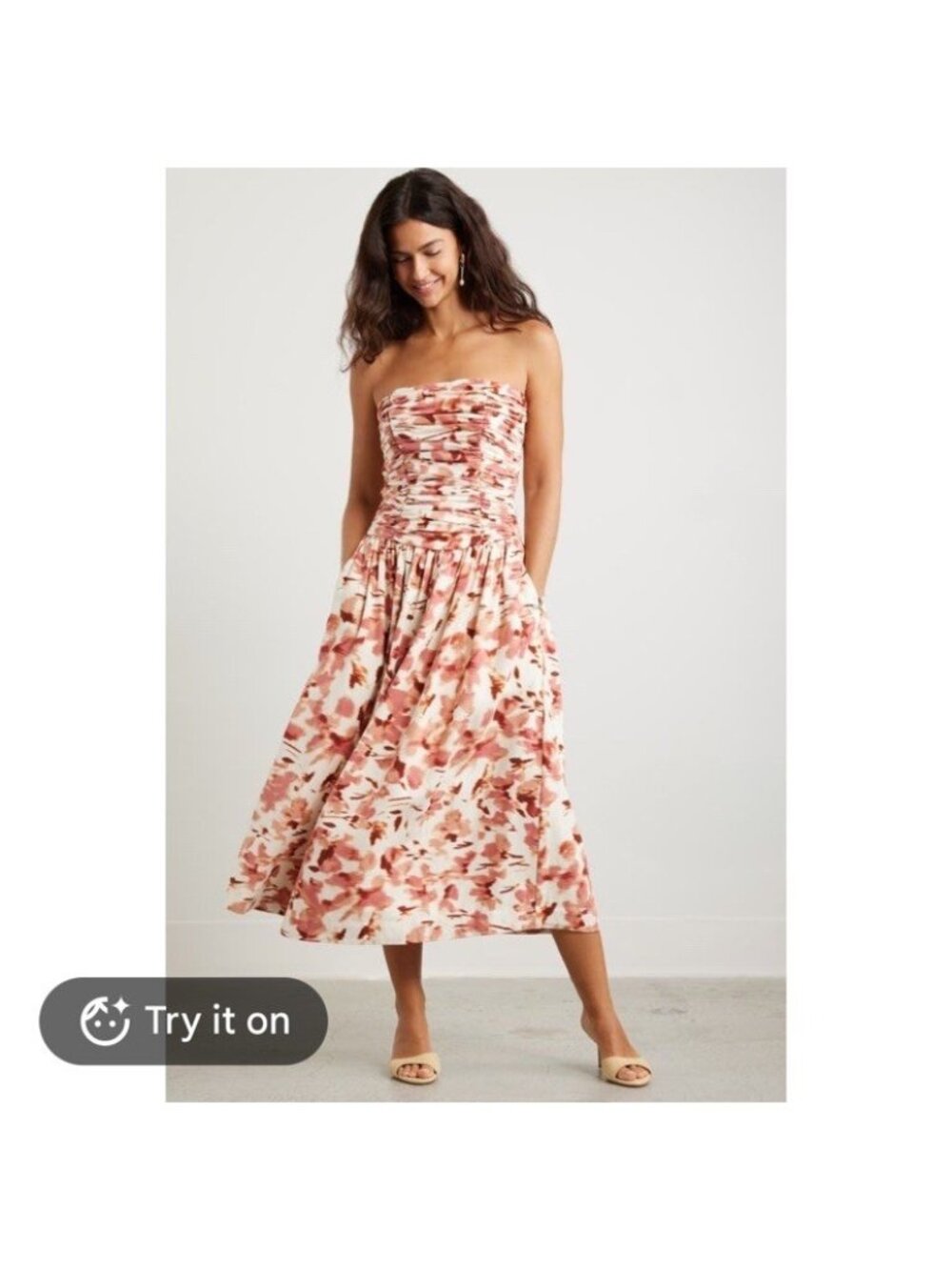 Chelsea28 XL Ruched Strapless Linen Blend Floral Midi Sundress Garden Resort